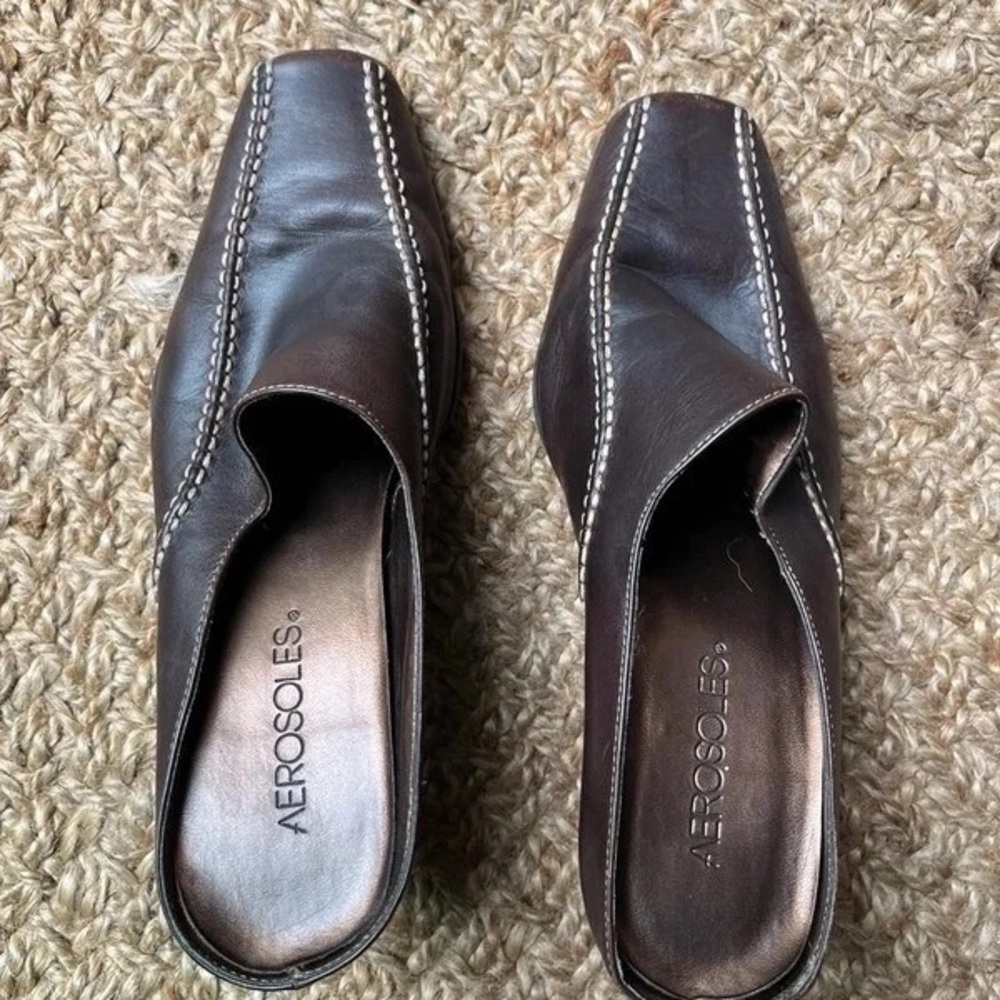 AEROSOLES Dark Brown Leather Slip-On Mules with Contrast Stitching - Picture 1 of 5